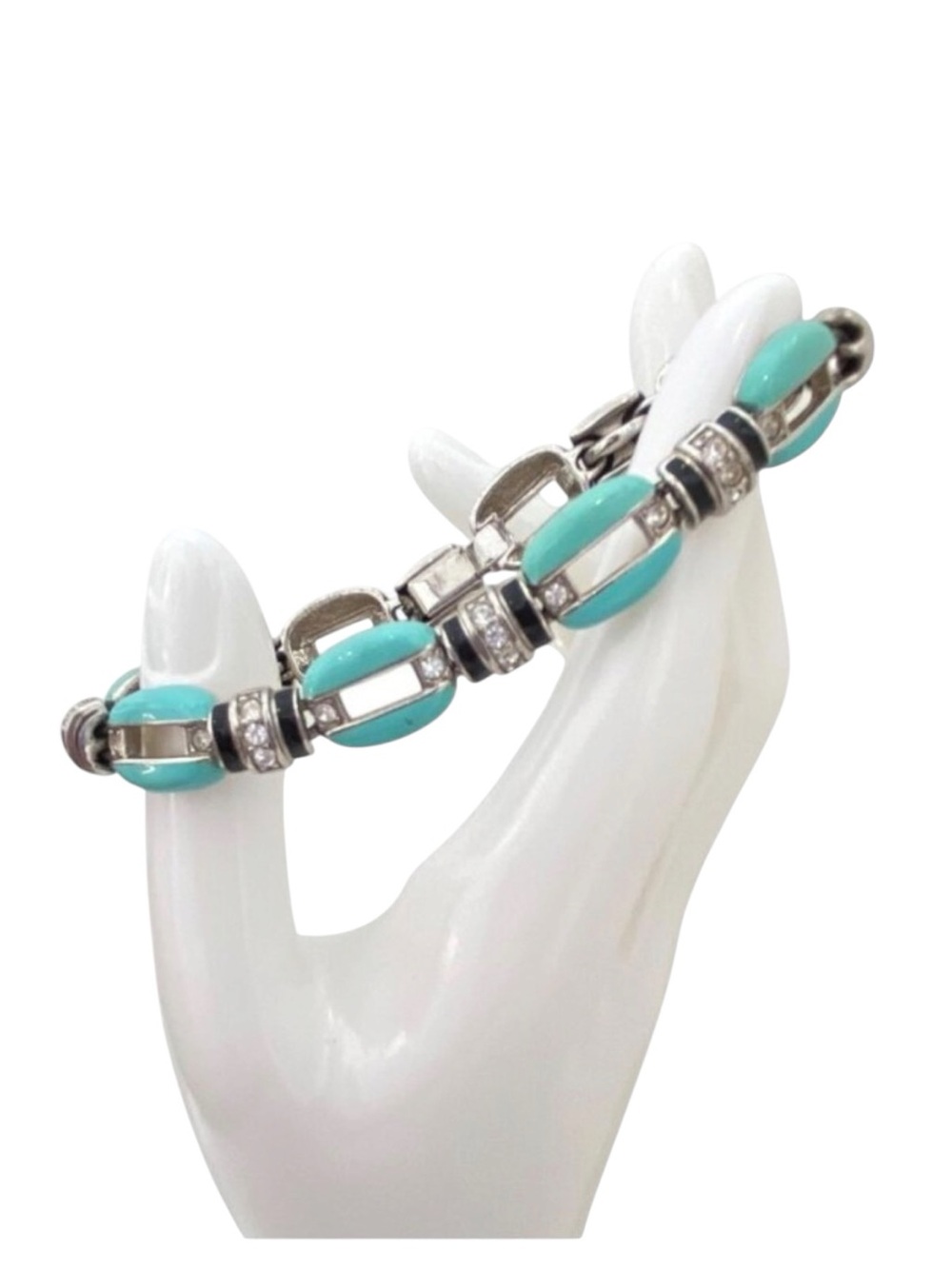 Turquoise & Rhinestone Link Bracelet Silver-Tone  Y2K Style Statement Chic